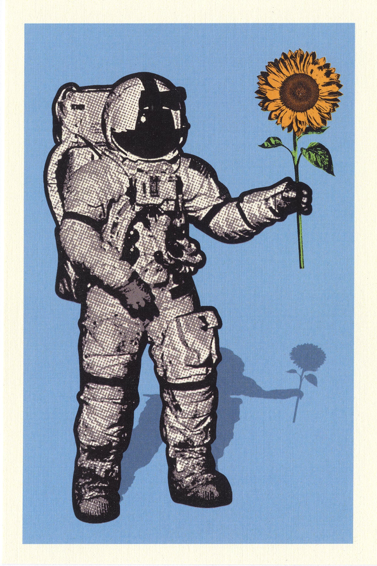 Illustration of an astronaut holding a sunflower against a blue background