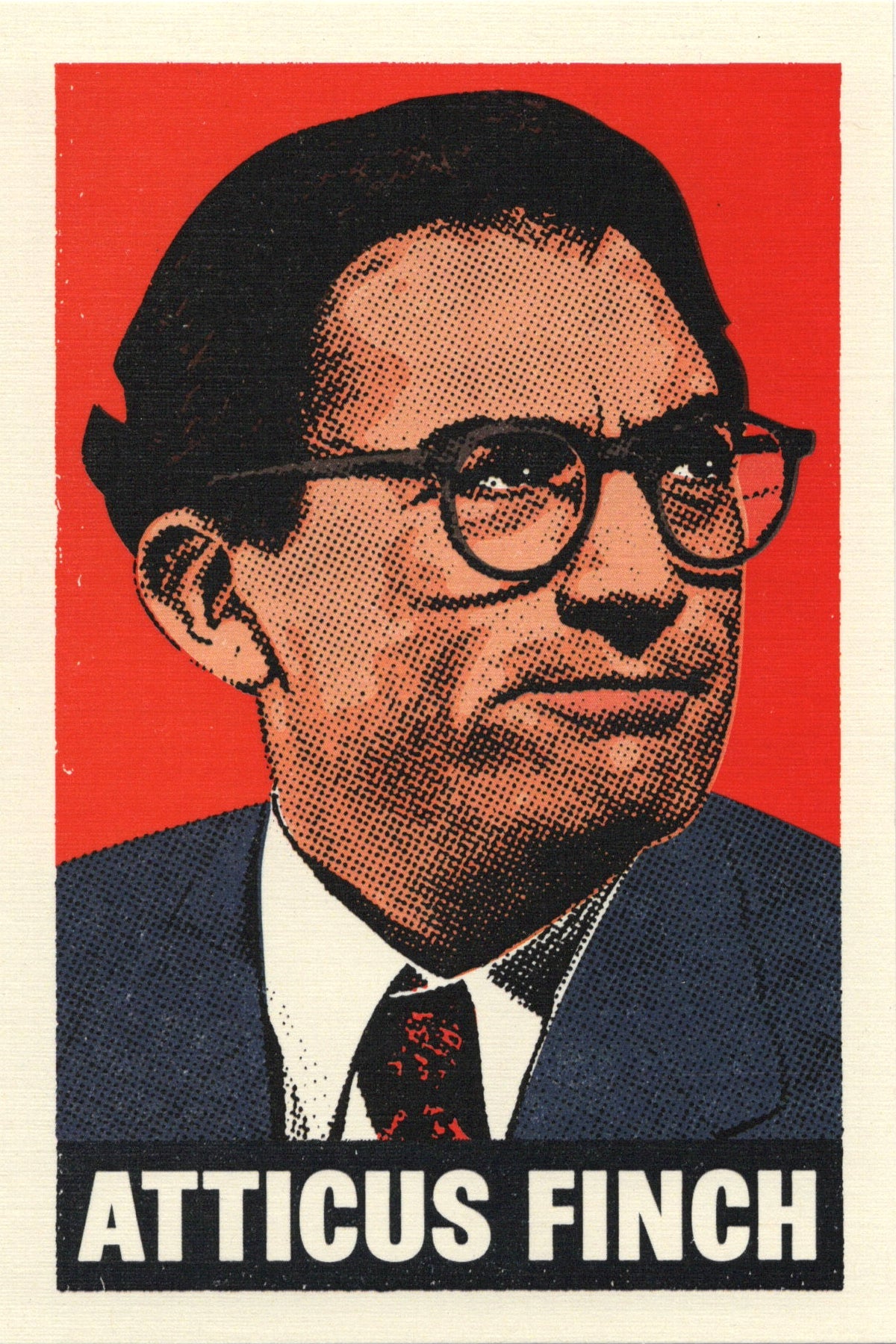 Illustration postcard of Atticus Finch with a red background