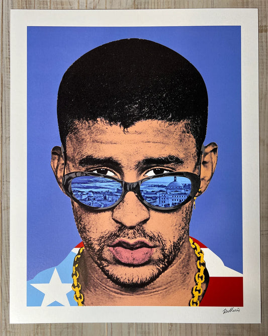 Poster of Bad Bunny with a Puerto Rican flag shirt and reflection of San Juan in sunglasses