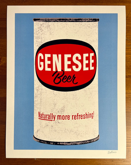 Vintage Genesee Beer can design with a blue background