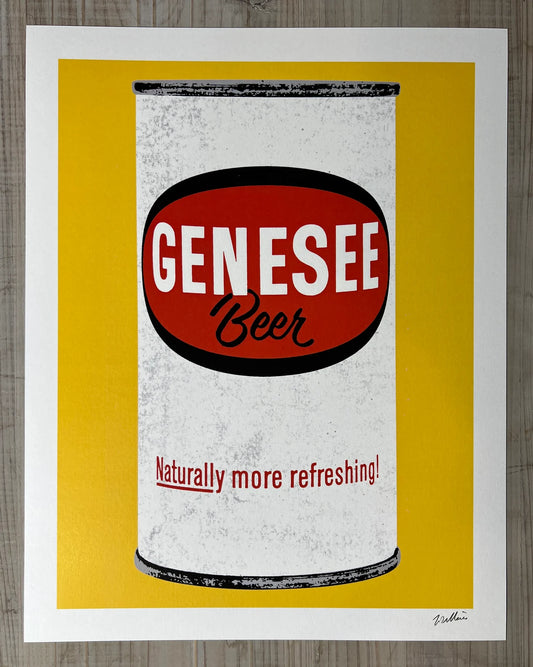 Vintage Genesee Beer can design with a yellow background