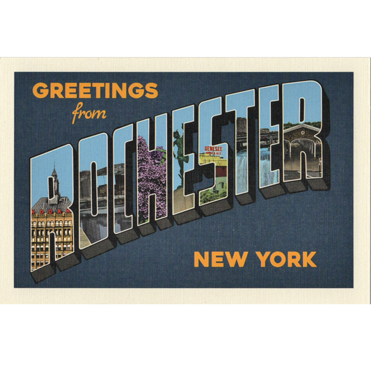 Vintage-style postcard with 'Greetings from Rochester, New York' text and scenic illustrations.