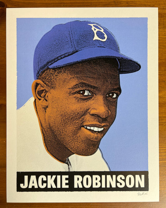 Poster of Jackie Robinson with a blue cap and white jersey