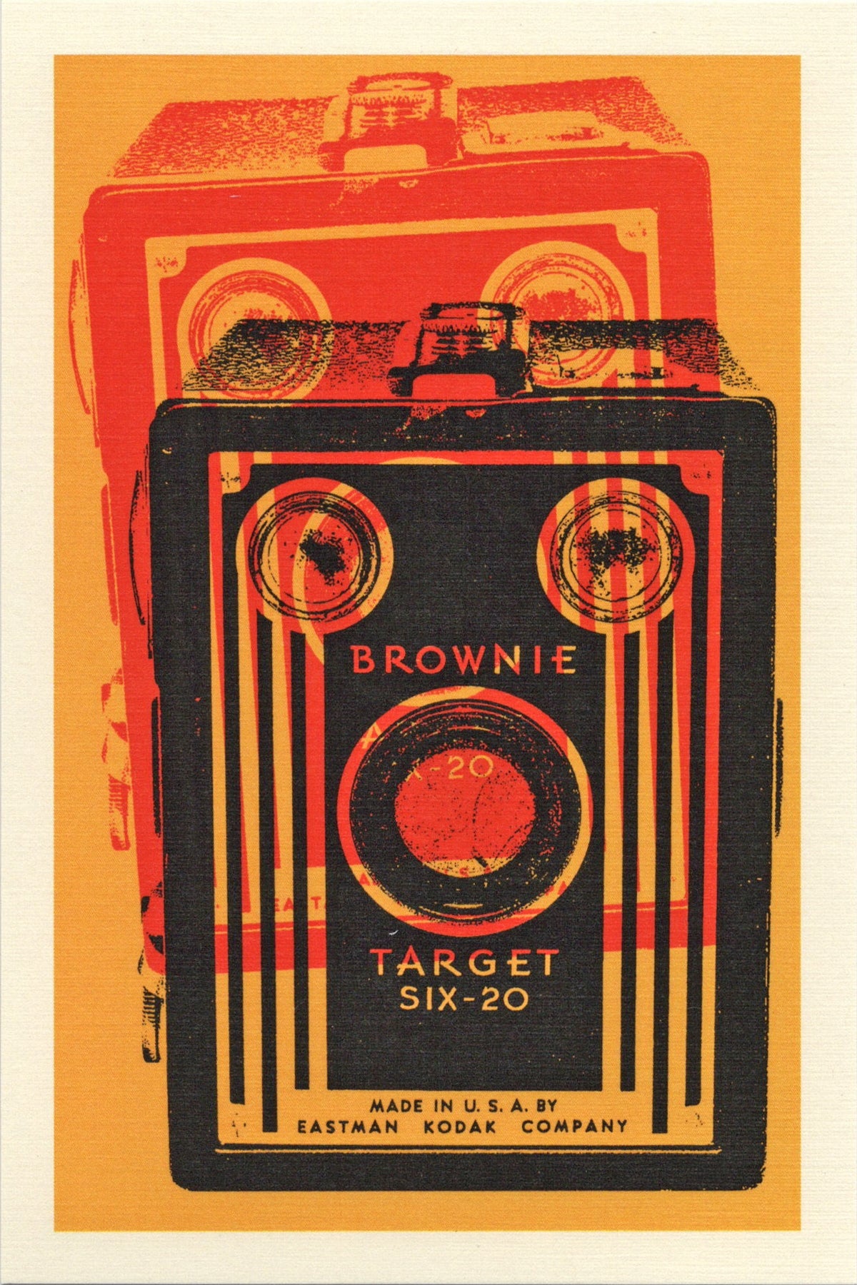Postcard of a vintage Brownie camera illustration on a yellow background