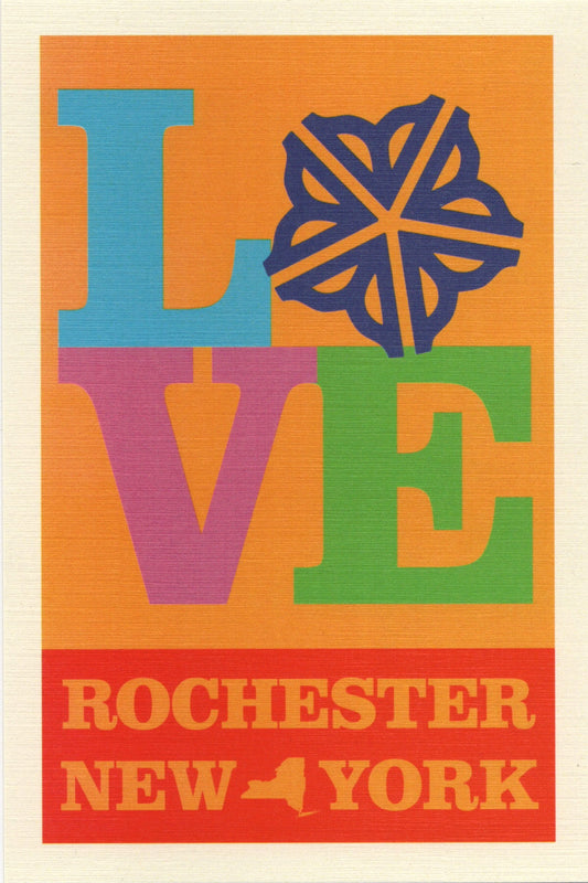 Colorful postcard with 'LOVE Rochester New York' text on an orange background