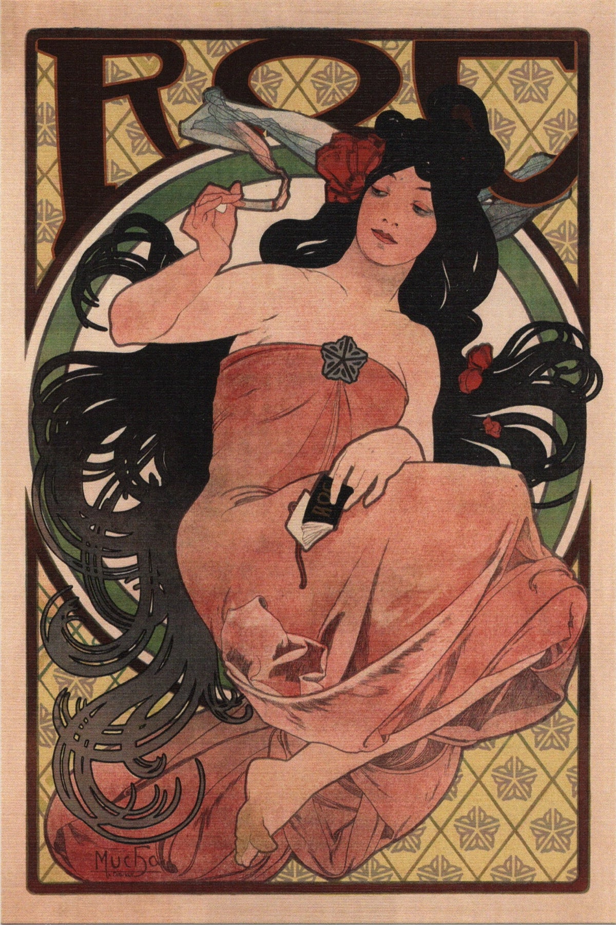 Art Nouveau-style postcard featuring a woman with long hair and a decorative Rochester logo background.