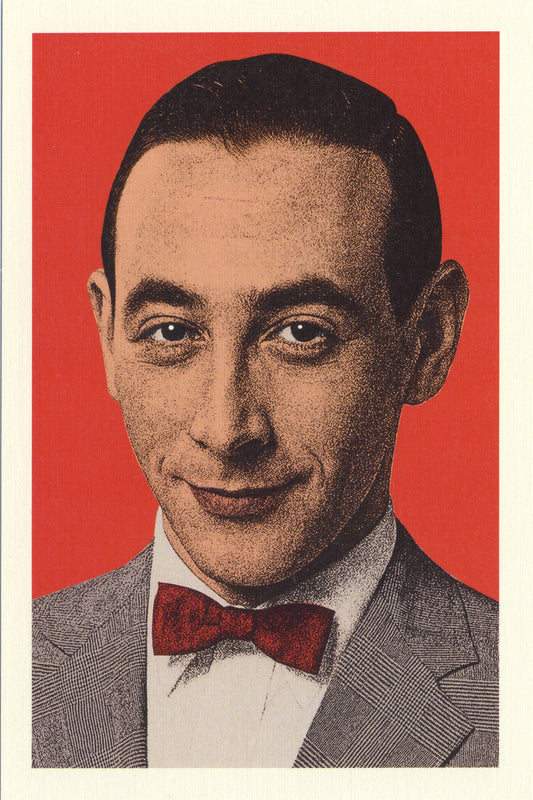 Vintage-style portrait of a Pee Wee Herman on a red background