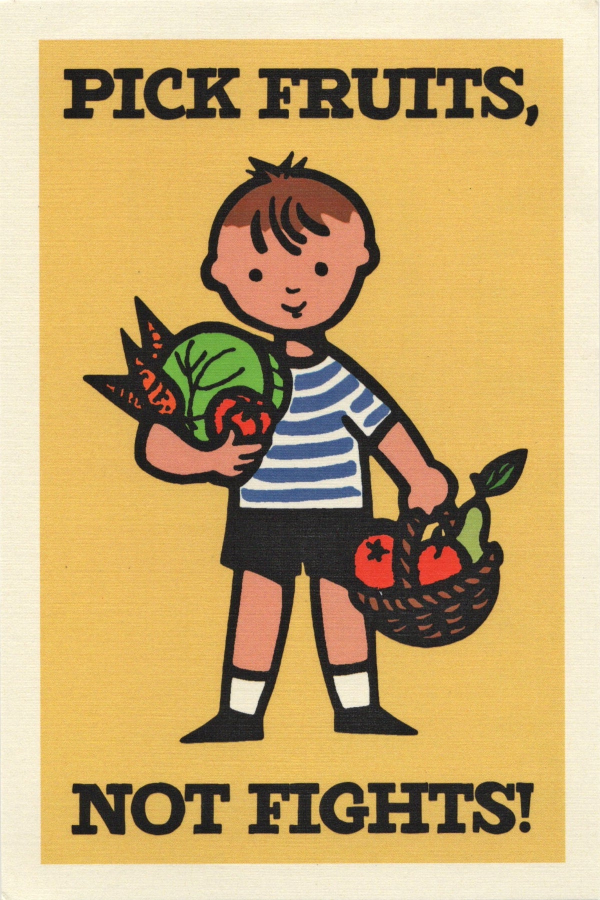 Illustration of a child holding fruits with text 'Pick fruits, not fights!' on a yellow background