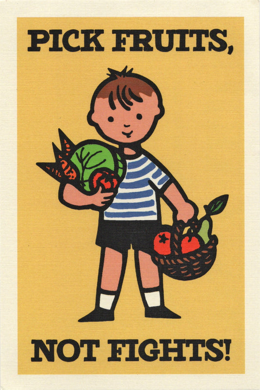 Illustration of a child holding fruits with text 'Pick fruits, not fights!' on a yellow background