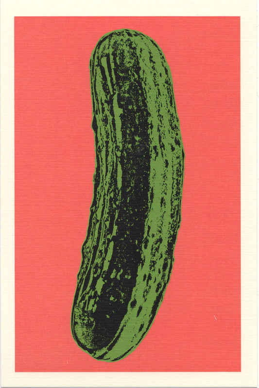 Illustrated postcard of a green pickle on a pink/red background