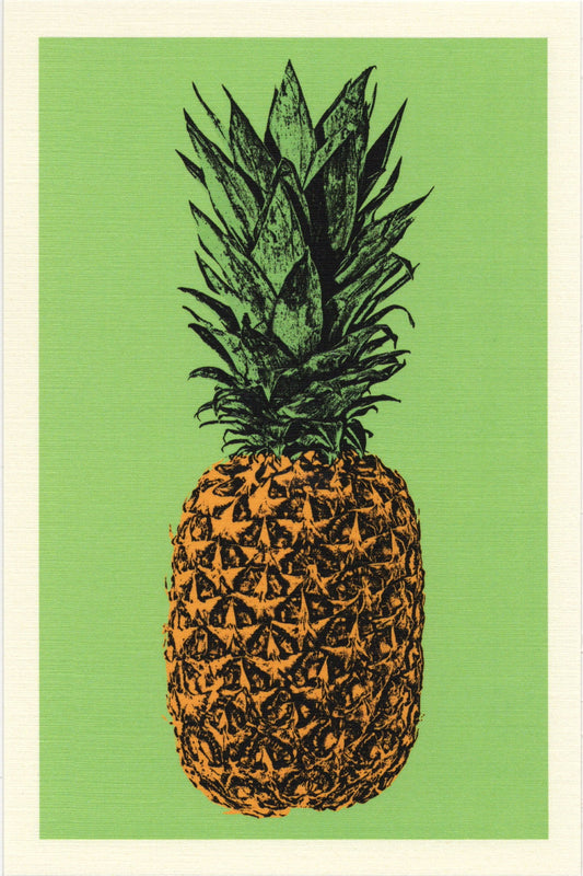 Illustrated postcard of a pineapple on a green background