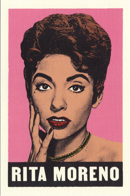 Illustration of Rita Moreno with a pink background
