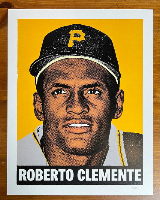 Poster of Roberto Clemente with a yellow background