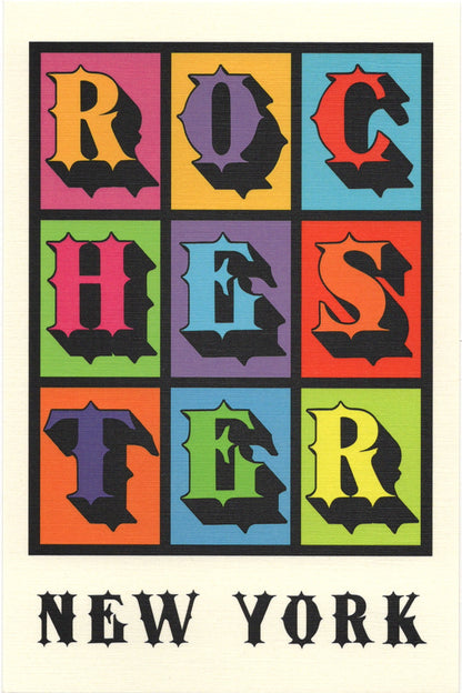 Colorful postcard with 'Rochester New York' text in a grid pattern
