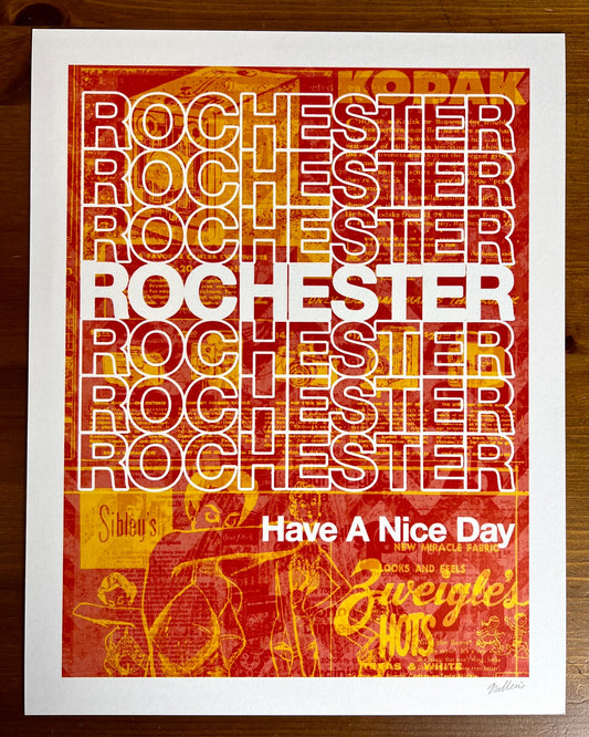 Rochester Have a Nice Day artwork with a red background featuring Zweigles, Sibleys, and Kodak.